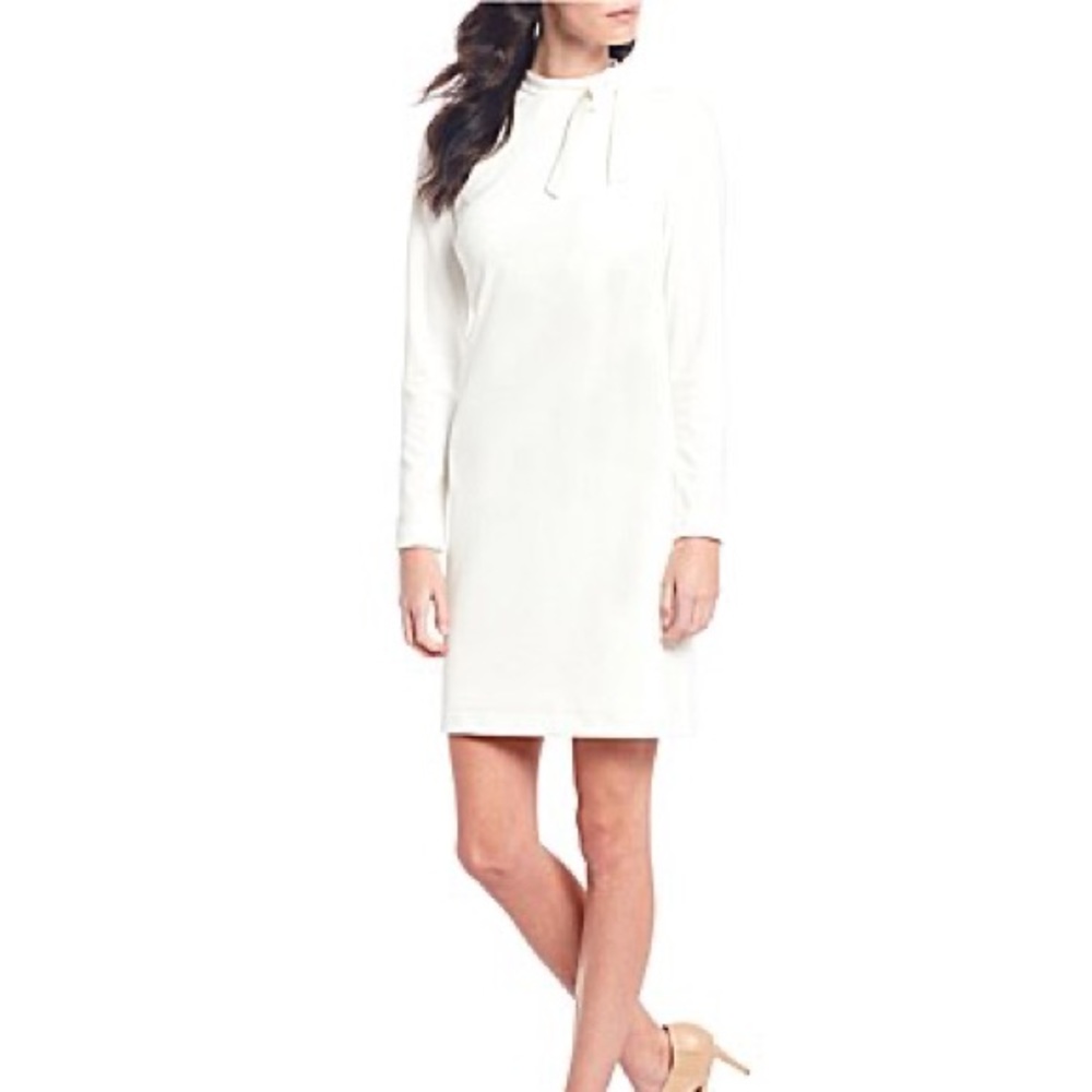 Calvin Klein Tie Neck Scuba Crepe White Dress With Bow